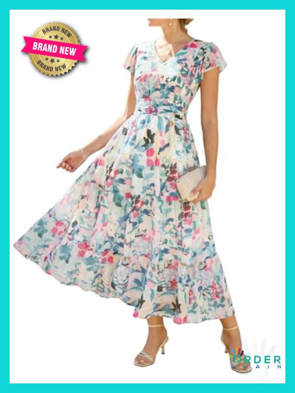 Women's Maxi Floral Wedding Guest Dress V-Neck Flutter Sleeve Fit & Flare